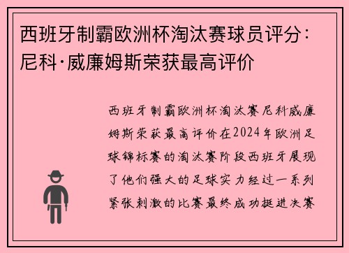 西班牙制霸欧洲杯淘汰赛球员评分：尼科·威廉姆斯荣获最高评价