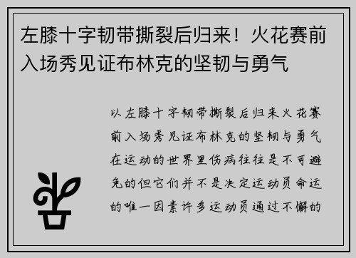 左膝十字韧带撕裂后归来！火花赛前入场秀见证布林克的坚韧与勇气