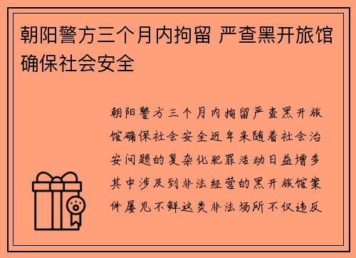 朝阳警方三个月内拘留 严查黑开旅馆确保社会安全