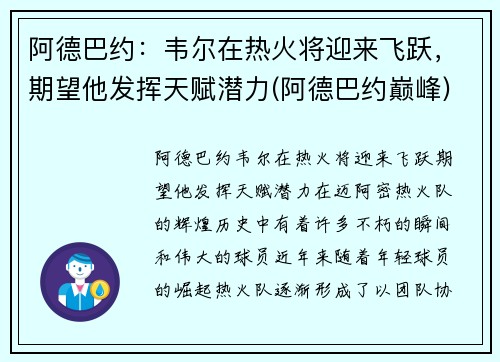 阿德巴约：韦尔在热火将迎来飞跃，期望他发挥天赋潜力(阿德巴约巅峰)